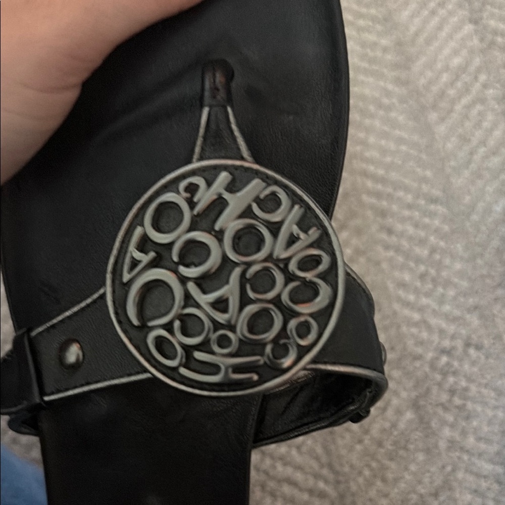 COACH Black Leather Toe-Ring Sandals with Logo Medallion - Picture 3 of 9